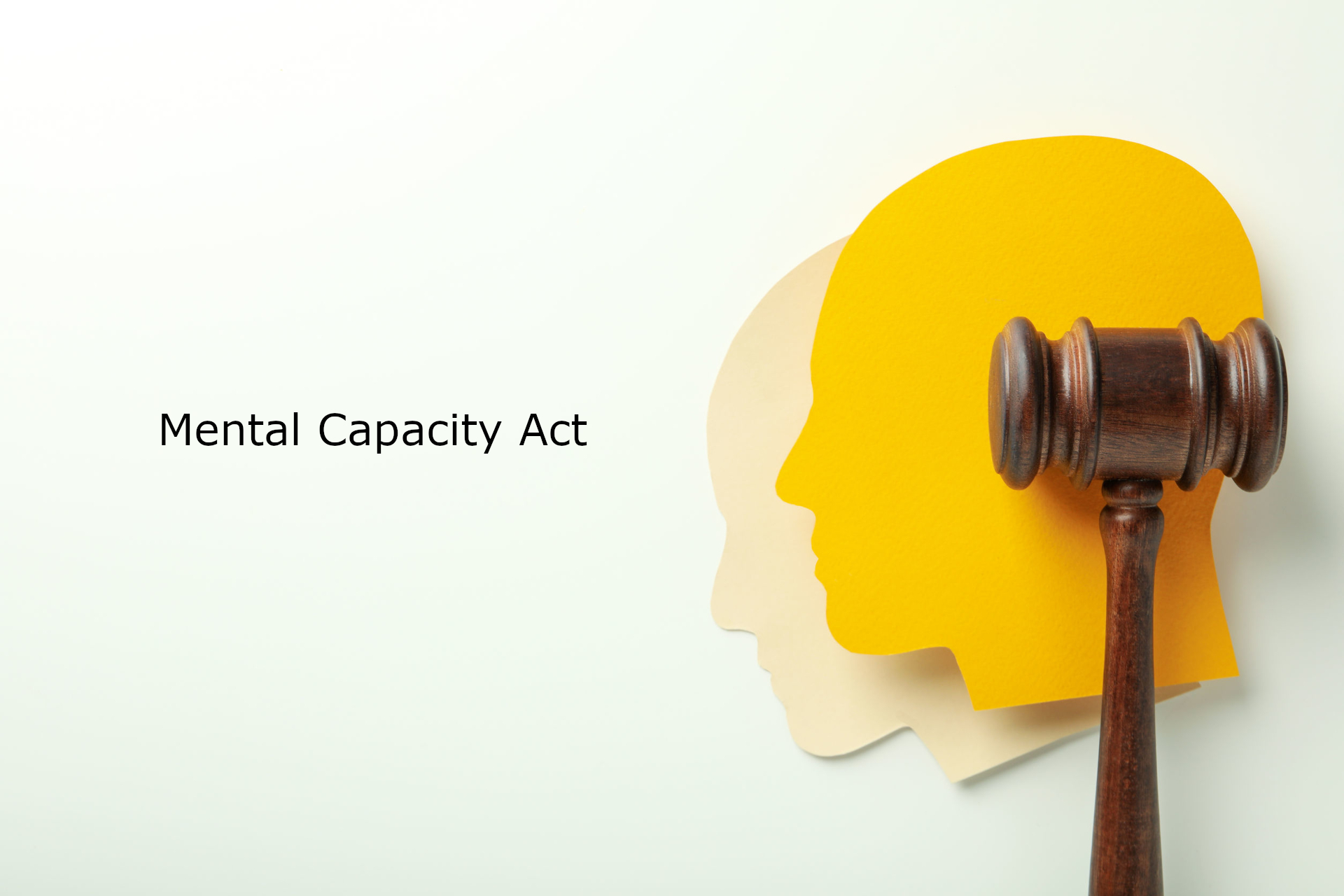 Image of 2 paper heads and a wooden gavel and the name of the course Mental Capacity Act